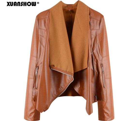 XUNASHOW 2019 Fashion Women Jacket Coats Splice Long Sleeve Zip Up Faux Leather Female Coat PU Leather Jacket Moto Biker Outwear