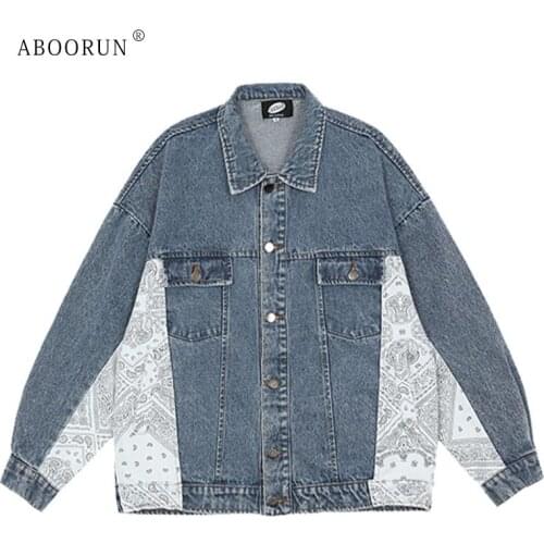 ABOORUN Mens Hi Street Cashew Patchwork Denim Jackets Hip Hop Oversize Jean Coat Streetwear for Male