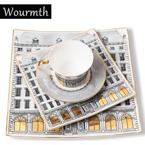 4 Piece Restaurant Steak Dish and Plates Set Coffee Tea cup & Saucer Ceramic Dinner Square Plate Hotel Table Decoration Creative