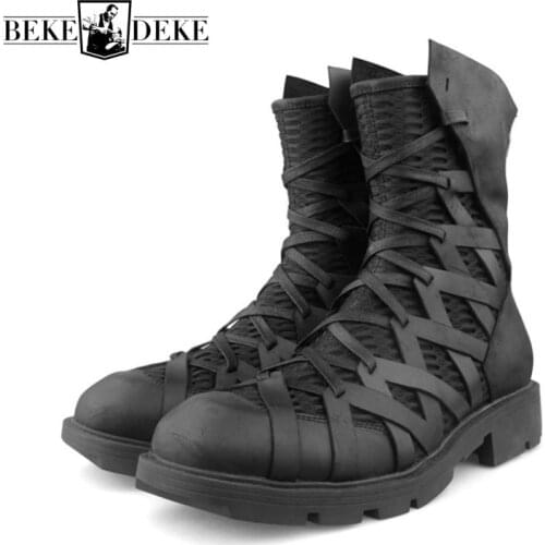 High-Top Punk Shoes Men Ankle Luxury Trainers Genuine Leather Mesh Patchwork Back Zip Motorcycle Boots Casual Hip Hop Sneakers