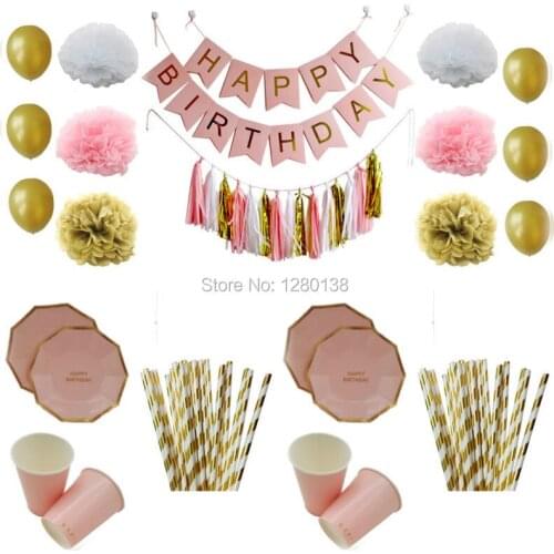 Pink Gold Happy Birthday Party Decoration and Tableware Bunting Banner Tissue Tassel Garland Paper Pompoms Plates Cups Straws