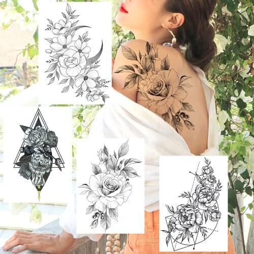 Sexy Women Temporary Tattoo Realistic Rose Flower Arm Tattoo Sticker Disposable Rhododendron Bloosom Body Back Art Tatooo Floral