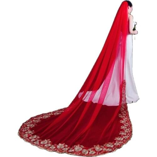 TOPQUEEN V87 Red Wedding Veil Cathedral Drop Veil Glod Lace Embroidery Applique Veil Wedding Accessories Chinese Red Cover