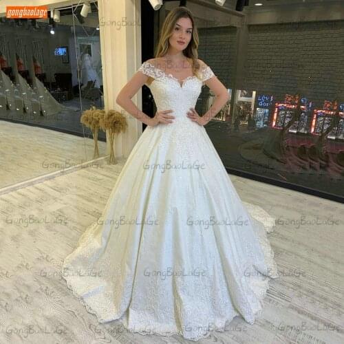 Gorgeous White Wedding Dresses Lace Up Off Shoulder 2021 Robe De Mariée Satin Court Train Bride Gowns Custom Made Abiti Da Sposa