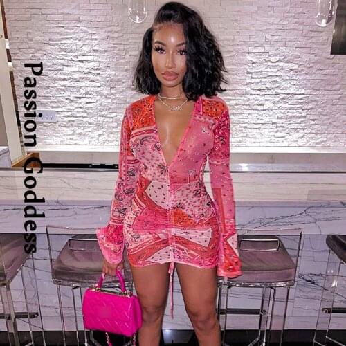 Women Cashew Flower Print Drawstring Mesh Dress Flare Long Sleeve Deep V Bodycon Dress Party Dresses Celebrity Vestido De Fiesta