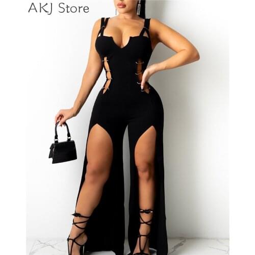 Women Sexy Solid Color Hollow Backless Skinny Jumpsuit Strap Romper Casual Pants Leg Slit Playsuit