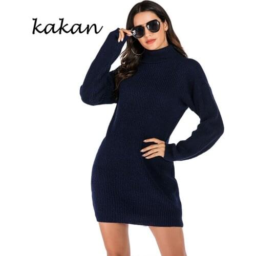 Kakan lapel new casual loose knit sweater dress 2019 autumn and winter hot sale solid color womens sweater dress