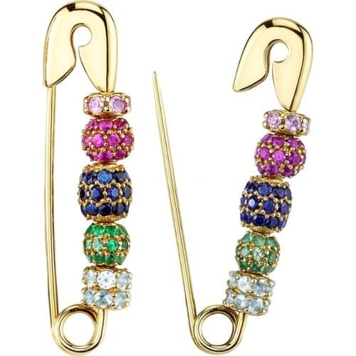 Gold filled colorful cz disco bead moving beaded safety pin earring gorgeous chic women jewelry