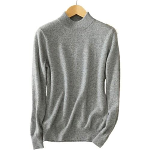 100%goat cashmere solid knit women korean style half high collar short loose pullover sweater grey 4color S-XL