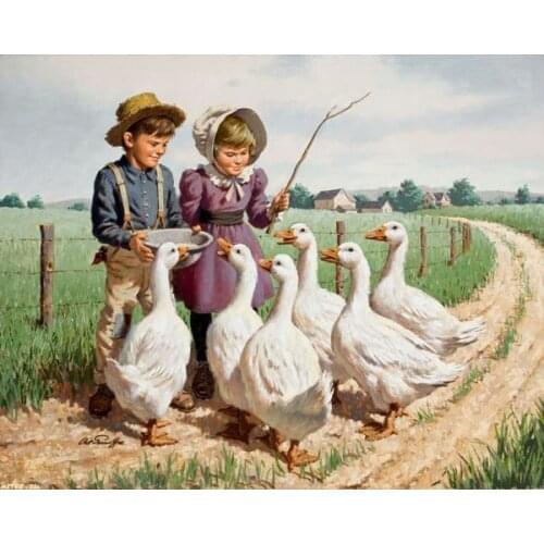 Free shipping wall art decoration pictures realist angels boy girl feed ducks oil paintings canvas prints printed on canvas