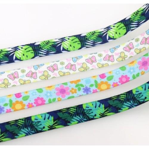 DHK 5/8'' 50yards Leaf Flowers Butterfly Printed Fold Elastic FOE Stretch Ribbon Hairbow Headwear Headband DIY OEM S1489