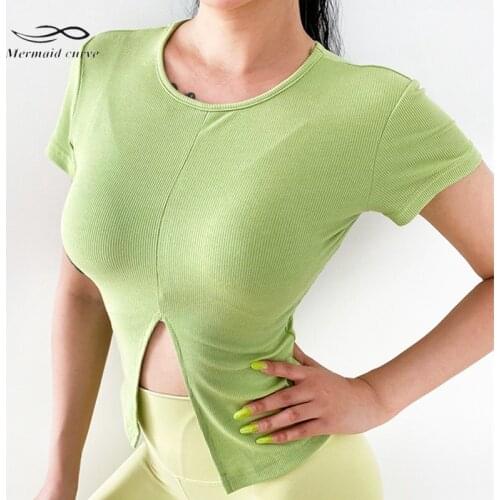 Mermaid Curve Women Loose Green Short Sleeve Sport T Shirt Fitness Running Front Fork Opening Bandage Quick-Drying Yoga T Shirts