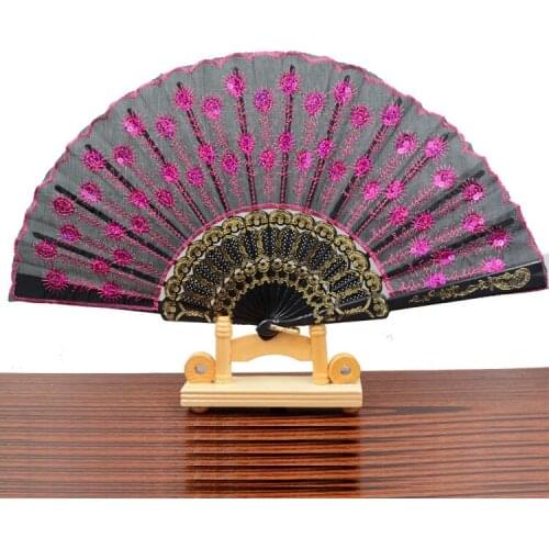 Chinese Dance Fan Classical Peacock Women Dance Hand Held Fans Embroidered Sequins Folding Fan Girls Photo Props Art Crafts Gift