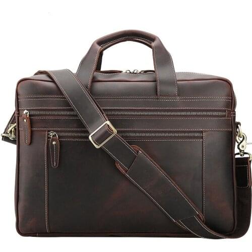 New style leather mens briefcase large capacity 17 inch laptop bag Handbags Crazy horse leather shoulder bag