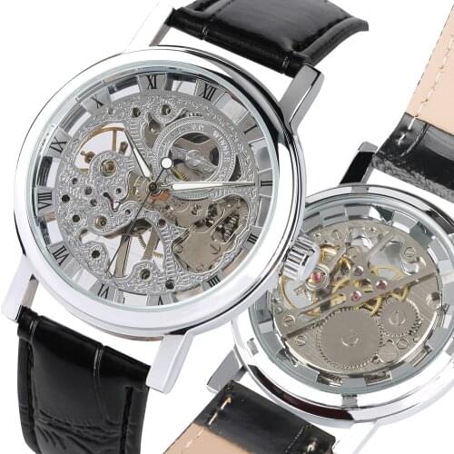Fashion Transparent Skeleton Watch for Men Hand Wind Mechanical Wristwatch for Teenagers Leather Strap Watches Gift with Box