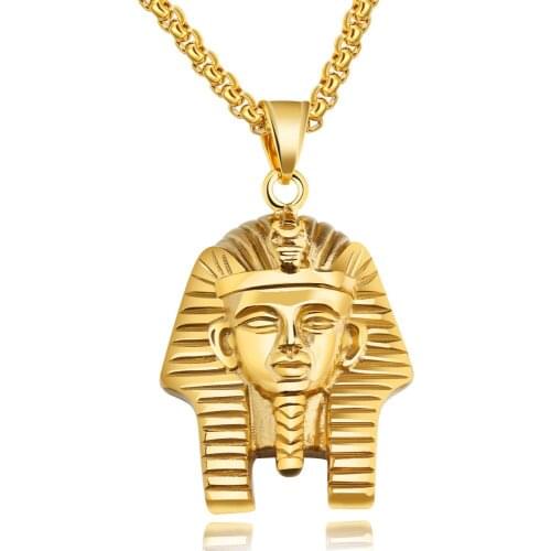 Egyptian Pharaoh Pendant for Men Necklace Gold Color 24" Box Chain Stainless Steel Male Punk Jewelry Religious Jewelry