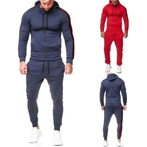 Mens Hoodied Sweatshirt Suit Long Sleeve Striped Tight-fitting Sports Hoodies and Drawstring Sports Trousers
