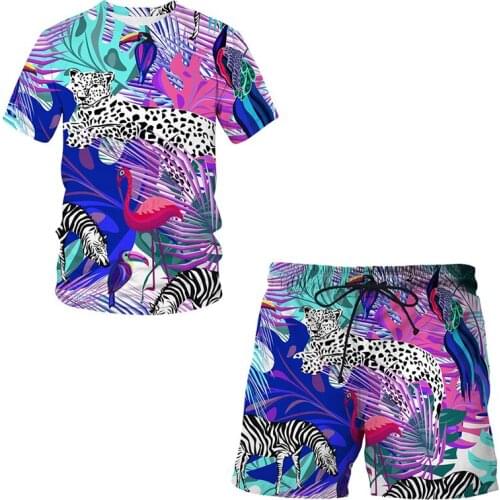 Men Fashion Two Pieces Sets T Shirts+pants Suit Men Summer Tops Tees Fashion 3D Leopard Print Tshirt High Quality board shorts