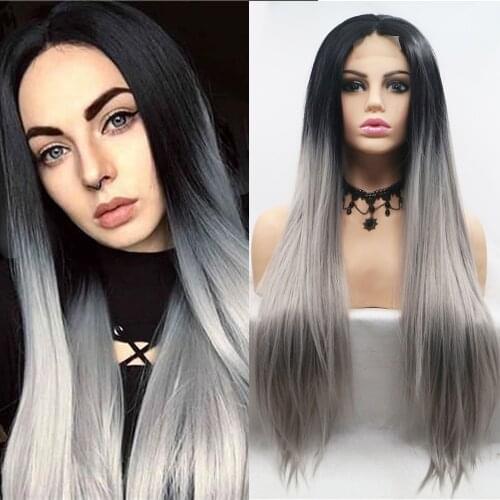 Natural Silky Straight Synthetic Middle Part Lace Front Wigs with Heat Resistant Lace Wigs for Women Omber Gray Color Wig