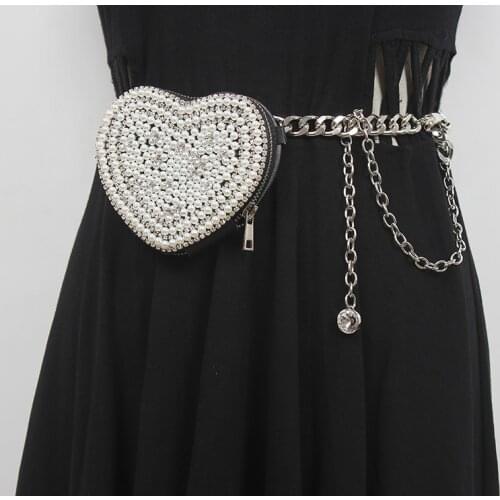 European Metal Chain PU Waist Belt with Coin Bag Bling Pearl Rhinestone Decorated Fanny Packs Women Heart Circular Waist Packs