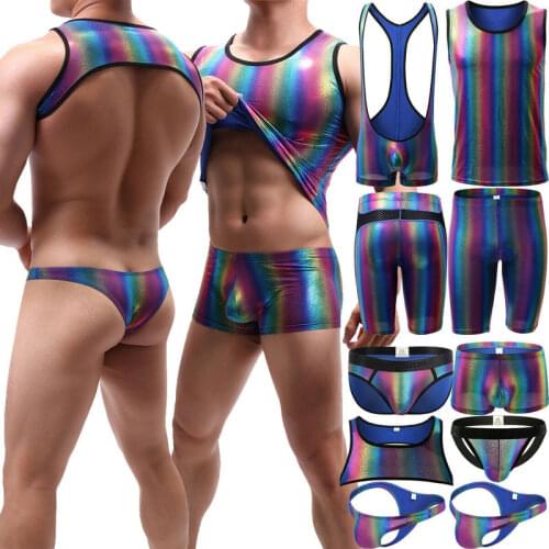 Rainbow Sexy Mens Underwear Boxer Briefs Thongs Shorts Bodysuit Jumpsuits Men Tank Tops Undershirts Open Butt Underpants Pajamas