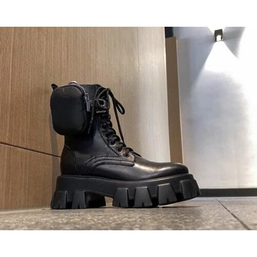 Newest Woman Black Cow Leather Pocket Mid-calf Boots 6 cm Chunky Heels Thick Sole Lace Up Short Platform Martin Boots Shoes