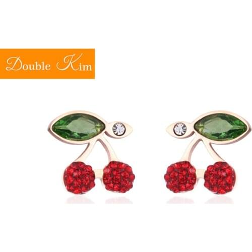 Red Cherry Zircon Stud Earrings Titanium Stainless Steel Inlaid Zircon Earrings Rose Gold Color Fashion Trendy Women Jewelry