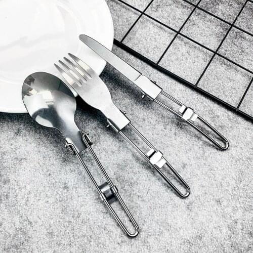 Outdoor Portable Folding Tableware Stainless Steel Fold Knife and Fork Spoon Picnic Tableware Three-piece Set Kitchen Utensils