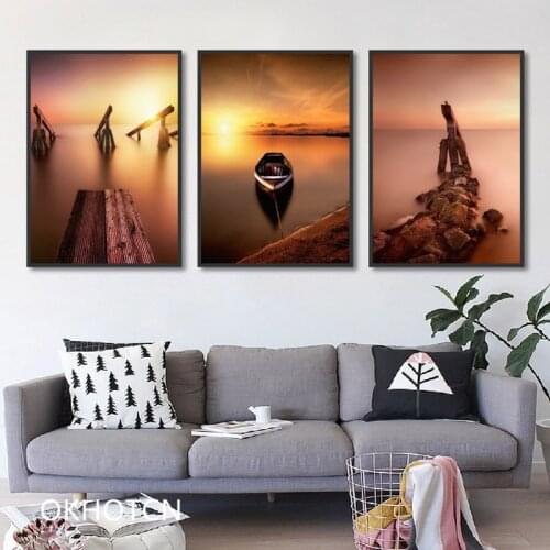 Modern Wall Art Picture River Landscape Water Wooden Boat Sunsets Rock Mountain Canvas Print Posters Living Room Decoration