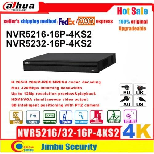 Dahua NVR 16CH 32CH 16 PoE 4K H.265 video recorder NVR5216-16P-4KS2 NVR5232-16P-4KS2 3D intelligent positioning IP camera12MP