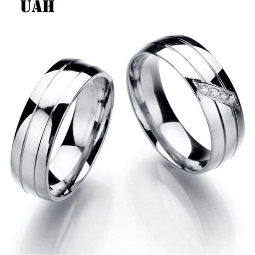 UAH Simple Couple Titanium Steel Wedding Zirconia Rings women mens jewelry anniversary marriage Best Fashion Gift
