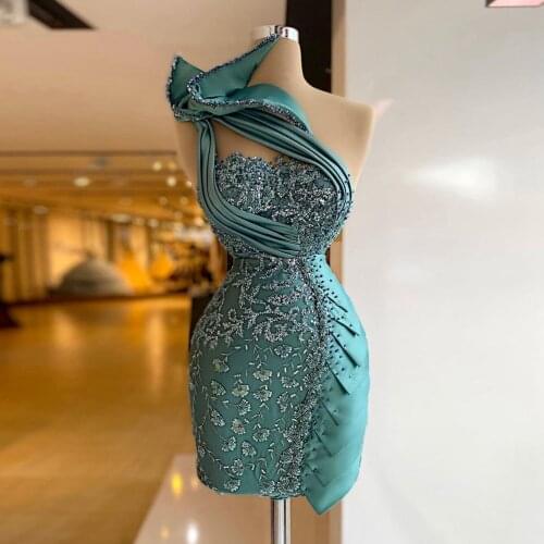 Green Elegant Exquisite High Quality Evening Dress Strapless Applique Beadings Crystals Mini Length Formal Dubai Prom Dress