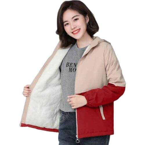 Autumn Winter New Women Jacket Windbreaker Plus Velvet Thicken Hooded Trench Female All-Match Contrast Trench Coat Tops R1370