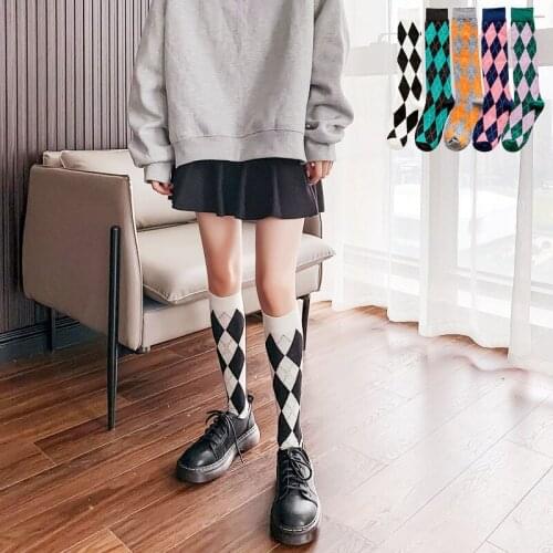 Dreamlikelin Womens Grid Knee High Socks Diamond Lattice Argyle Autumn Winter Retro Fashion Female Preppy Style Warm Socks