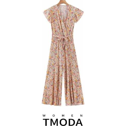 TMODA1049 2021 Za Women Summer Pleated Print Jumpsuit Rompers Short Sleeve V-Neck Loose Wide leg Female Elegant Chiffon Playsuit