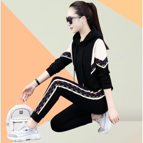 Patchwork Print Hooded Pullover Two Piece Sets Women Casual Long Sleeve Tracksuit Autumn Tops And Pants Sweatsuit Jogger Outfits