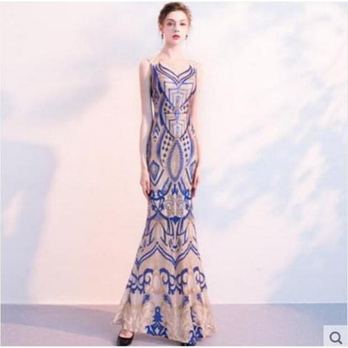 Fashion Blue sequins Long Dress Birthday Prom Celebrate Outfit Women Singer Party Slim Outfit Nightclub Dancer Wear Dress