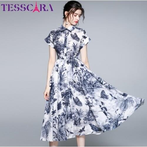 TESSCARA Women Summer Elegant Dress Shirt High Quality Long Office Party Robe Femme Vintage Designer Casual A-Line Vestidos