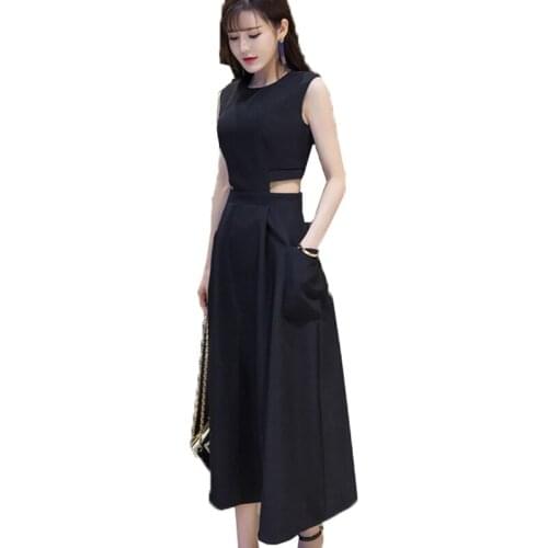 Wome Summer Dress 2021 New Fashion Slim Was thin Collect waist Round neck Sleeveless Dress Hollow Sexy Black Dress Female OK064