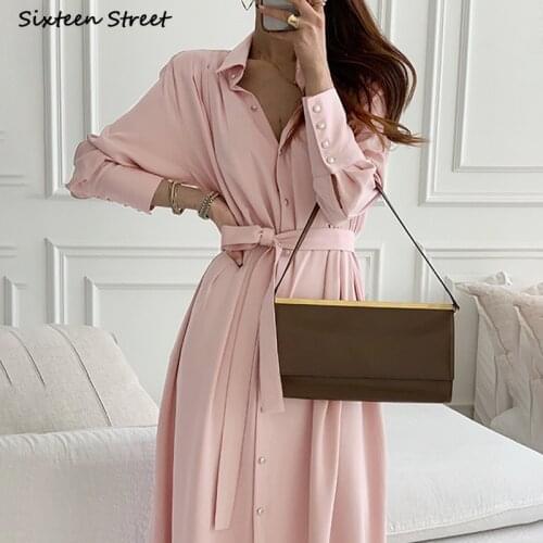 Pink Chic Elegant Long Dress Woman with Sashes Single-breasted White Vestido Woman Clothing Korean Vintage OL Dresses Female