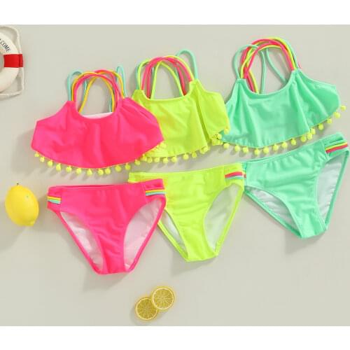 3 Colors Children Summer Split Swimsuit Set Girls Sleeveless Backless Bikini with Ball Tassels+Panties for Summer Bikini Set