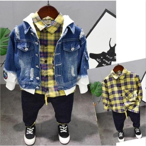 Spring Autumn new fashion baby boys clothes set cotton Hooded Denim jacket + T-shirt + jeans 3pcs set Boys clothing 2-6years