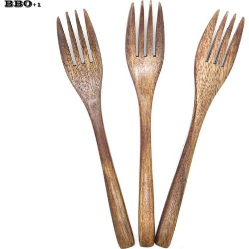 3 pcs Japan Handmade Handle Wooden Fruit Forks 4-Tooth Dessert Natural Wood Dinner Fork Kitchen Tool