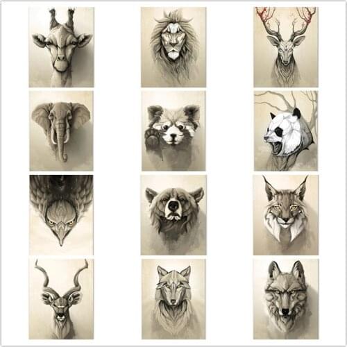 5D DIY diamond painting deer raccoon wolf fox tiger lion retro black and white full diamond embroidery home decoration mosaic ar