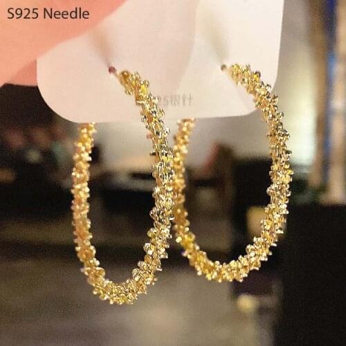 925 Sterling Silver Needle Hoop Earrings for Women Jewelry Gold Rhinestone Rhombus Punk Rock Large Round Female Earrings