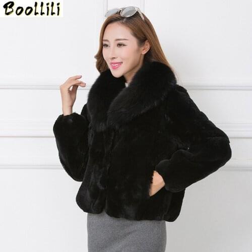 Boollili 2020 Full Pelt Real Rex Rabbit Fur Coat Natural Fur Coats With Genuine Fox Fur Collar Winter Jackets For Women