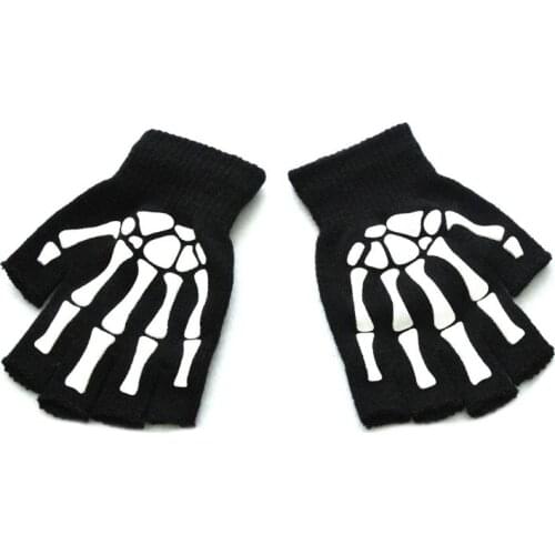 Halloween Skeleton Skull Half Finger Gloves Glow in the Dark Fingerless Stretch Knitted Winter Mittens Gloves for Children