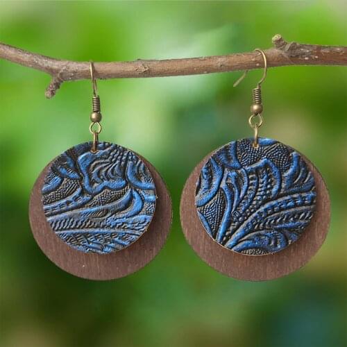 Double Layers Round Leather Wood Dangle Earrings Leather Embossed Vintage Style Retro Jewelry Textured Classic Boho Earrings