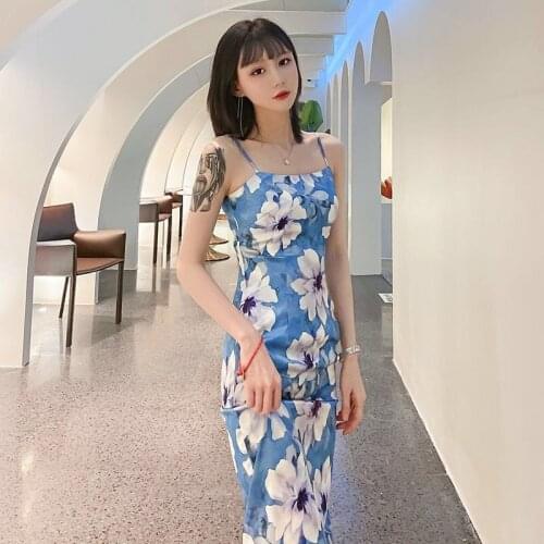 French new blue floral dress summer elegant printing split suspender dress