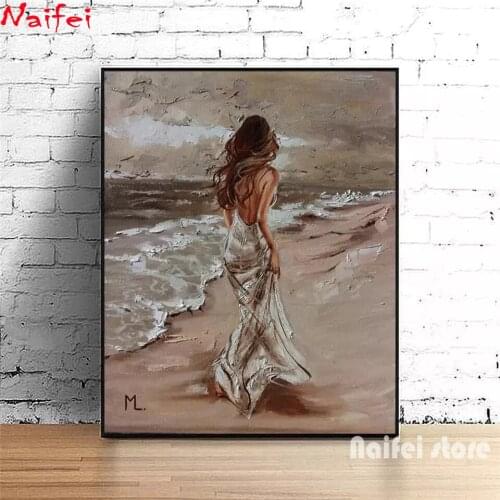 5D DIY Diamond Painting Beautiful Girl Walk in Seasid Wall Art Full Square Round Drill Embroidery Portrait Cross Stitch Mosaic